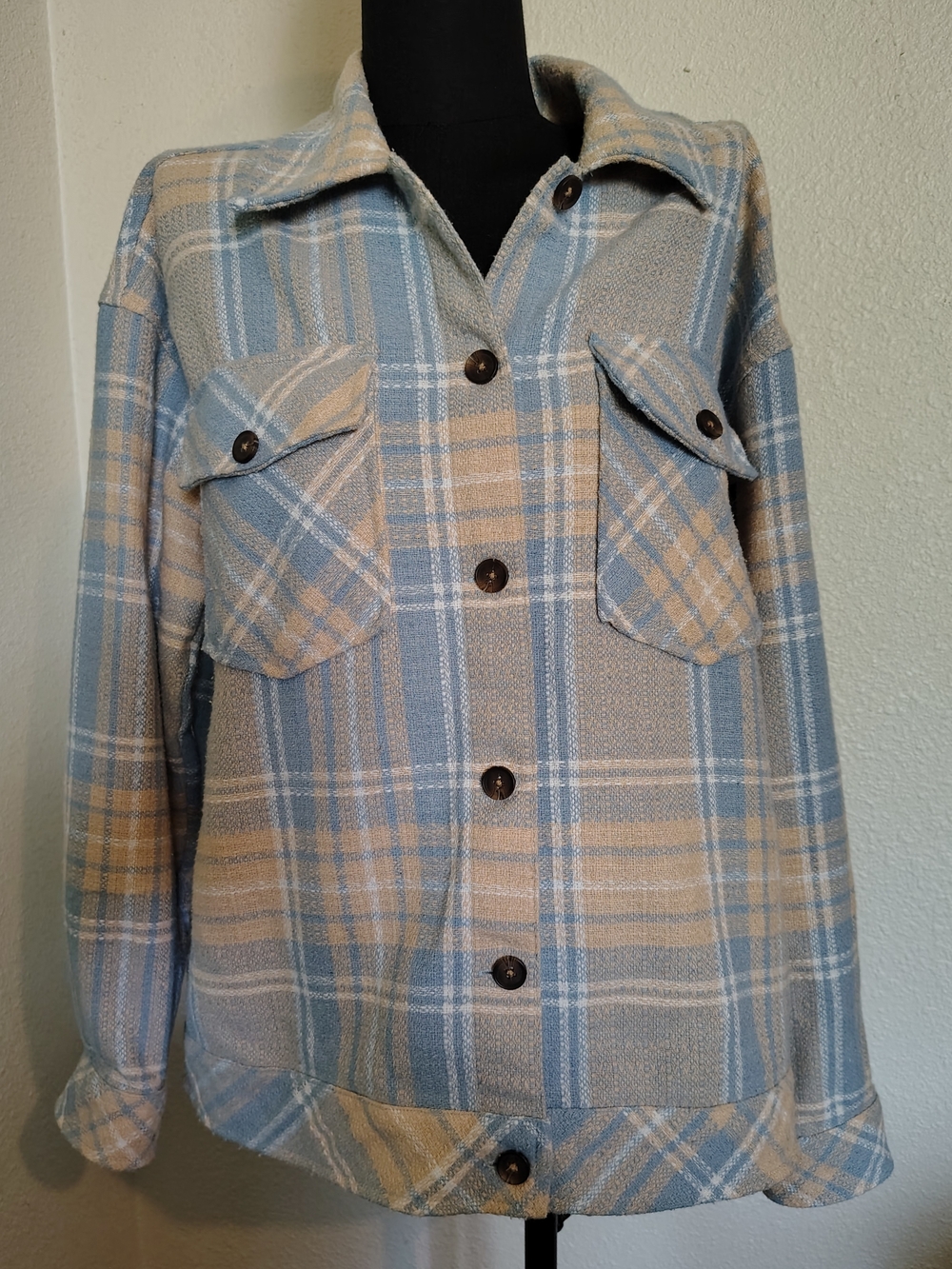 Boston Traders Button-Up Blue Tan Plaid Utility Shacket Shirt Jacket Women M